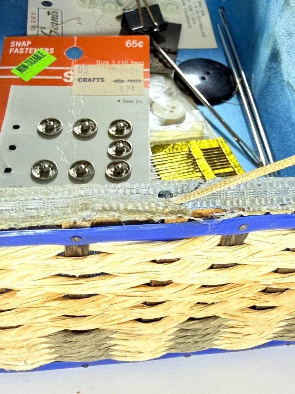 Vintage Woven Sewing Basket With Blue Satin Interior & Assorted Threads